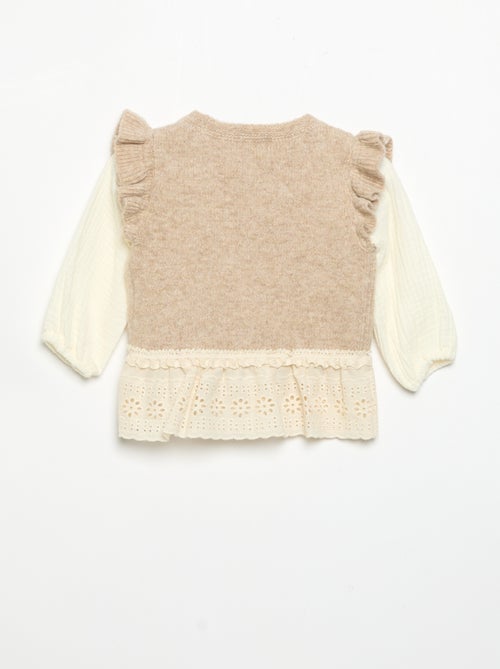 Maglione con maniche in voile di cotone e orlo ricamato - Kiabi