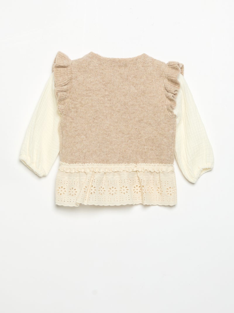 Maglione con maniche in voile di cotone e orlo ricamato Beige - Kiabi