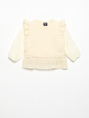 Maglione con maniche in voile di cotone e orlo ricamato