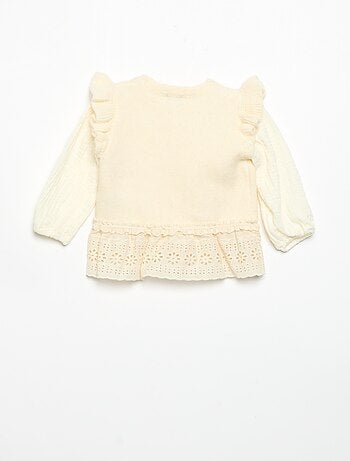 Maglione con maniche in voile di cotone e orlo ricamato