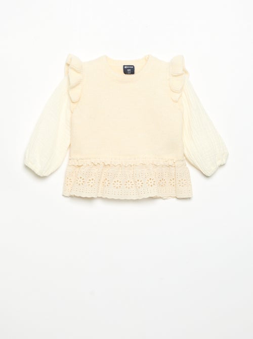 Maglione con maniche in voile di cotone e orlo ricamato - Kiabi