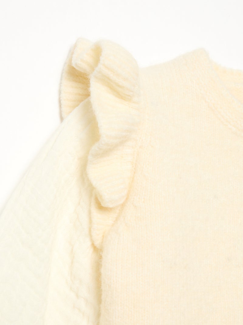 Maglione con maniche in voile di cotone e orlo ricamato Bianco - Kiabi