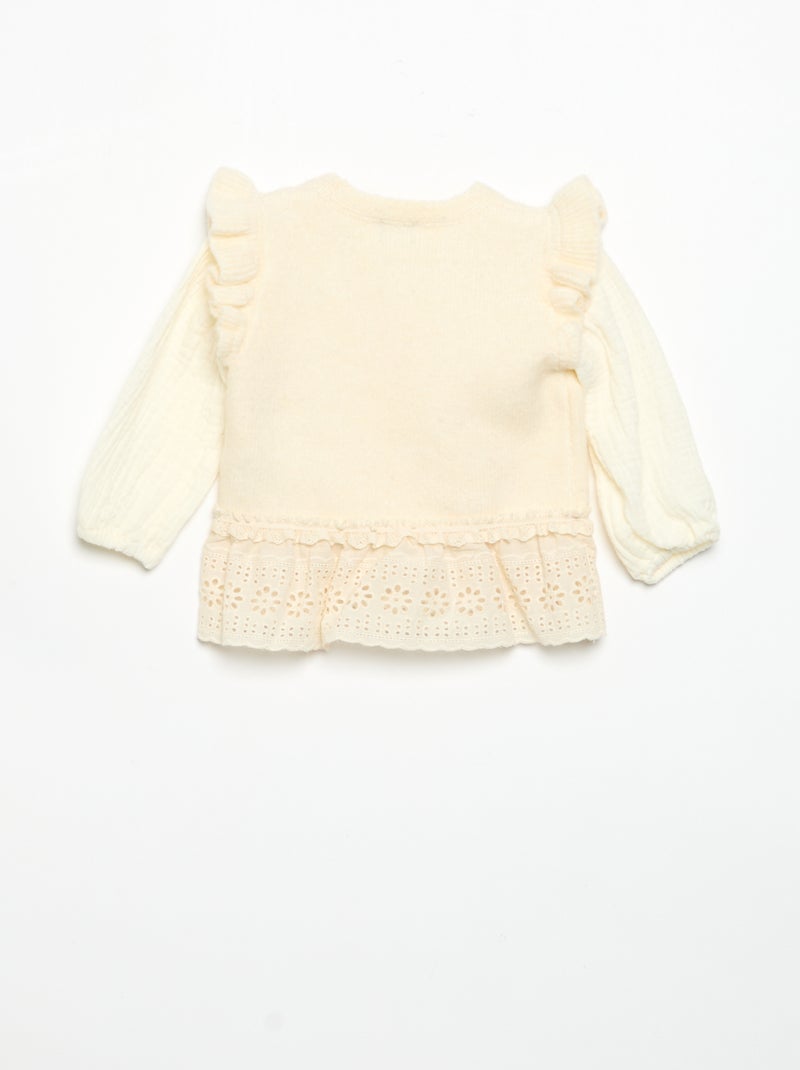 Maglione con maniche in voile di cotone e orlo ricamato Bianco - Kiabi