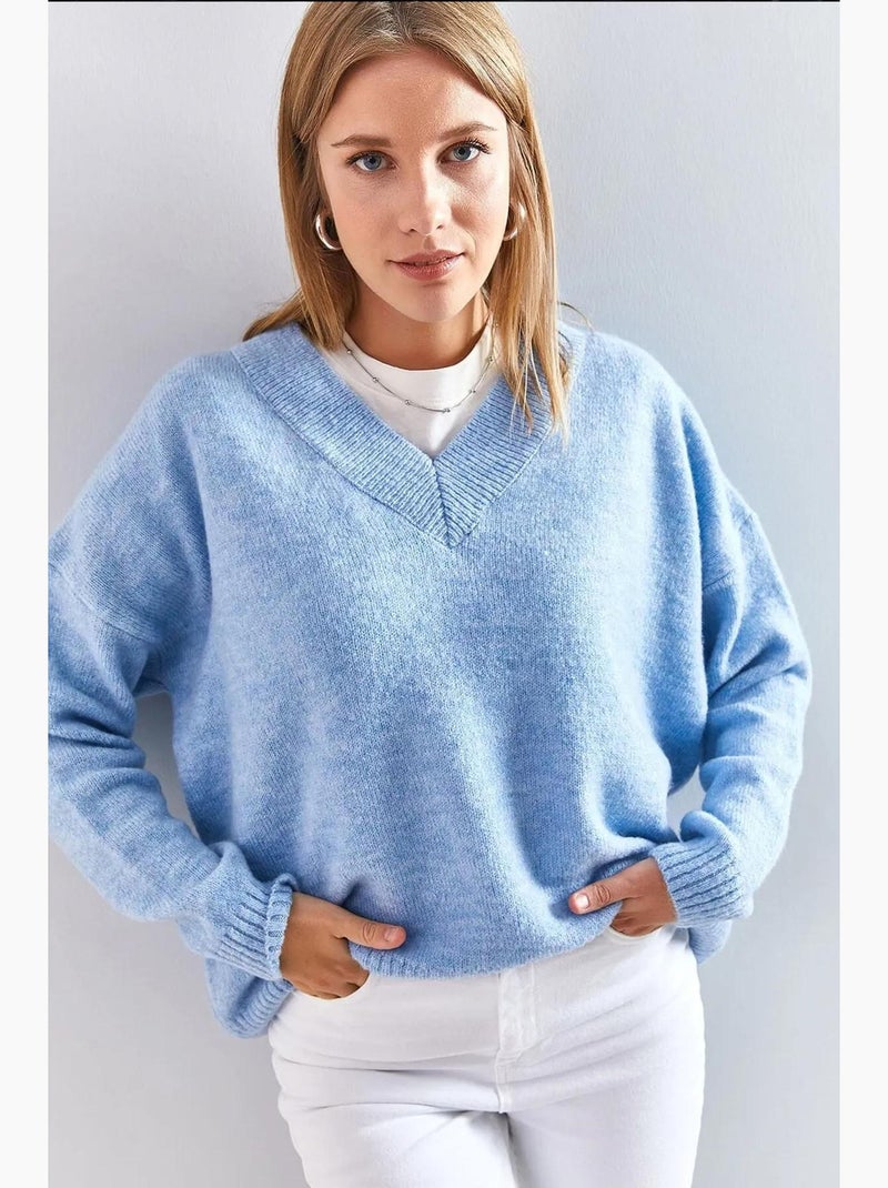 Maglione con scollo a v e maniche lunghe lucci Blu cielo - Kiabi