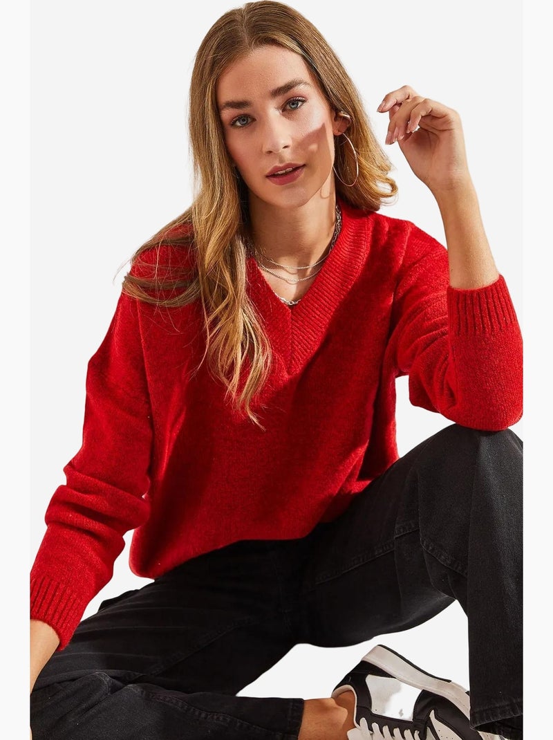 Maglione con scollo a v e maniche lunghe lucci Rosso - Kiabi