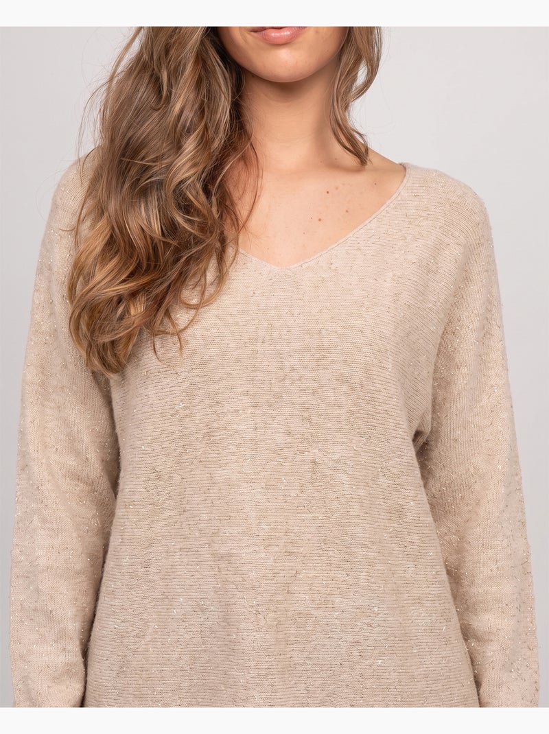 Maglione con scollo a v in maglia con filo lucido kassiane Beige - Kiabi