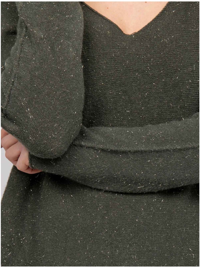 Maglione con scollo a v in maglia con filo lucido kassiane Cachi - Kiabi