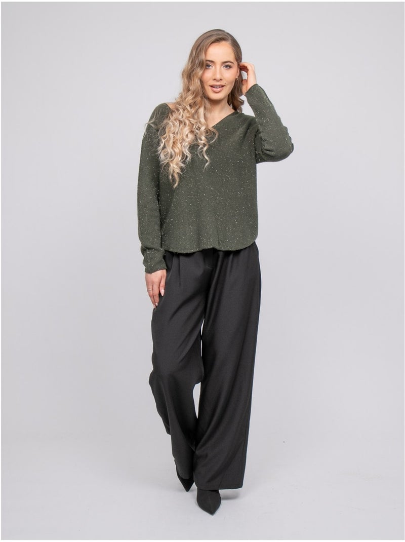 Maglione con scollo a v in maglia con filo lucido kassiane Cachi - Kiabi