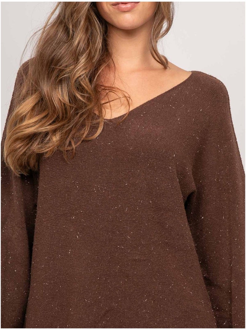 Maglione con scollo a v in maglia con filo lucido kassiane Marrone - Kiabi