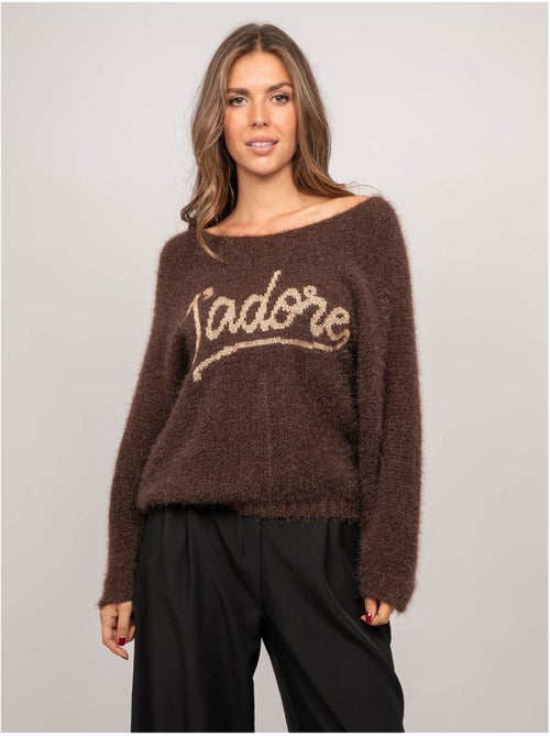 Maglione con scritta in maglia pelosa e filo dorato koperdi - Kiabi