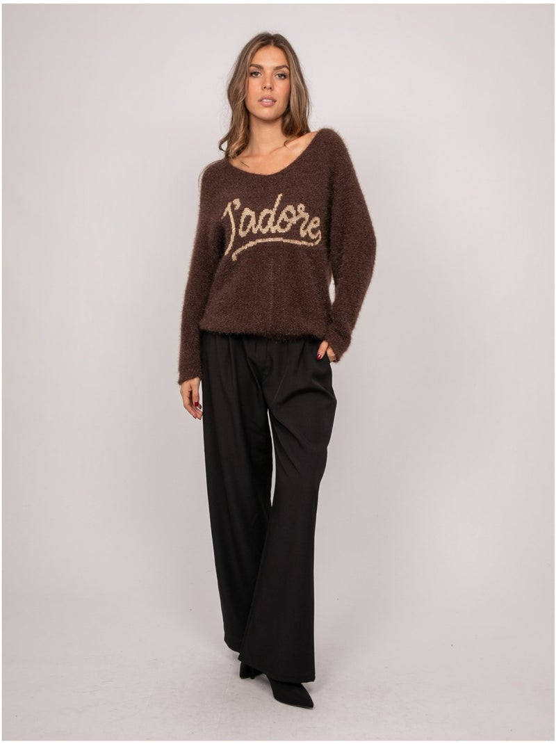 Maglione con scritta in maglia pelosa e filo dorato koperdi Marrone - Kiabi