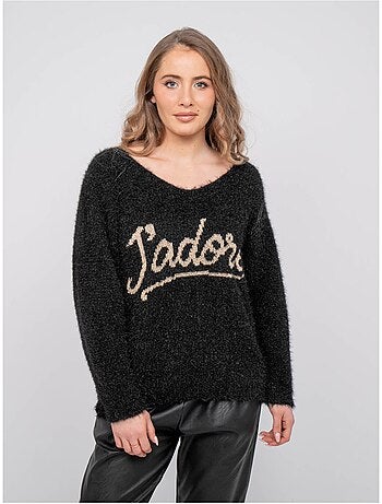 Maglione con scritta in maglia pelosa e filo dorato koperdi
