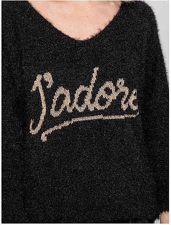 Maglione con scritta in maglia pelosa e filo dorato koperdi