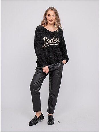 Maglione con scritta in maglia pelosa e filo dorato koperdi