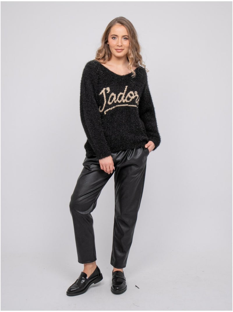 Maglione con scritta in maglia pelosa e filo dorato koperdi Nero - Kiabi