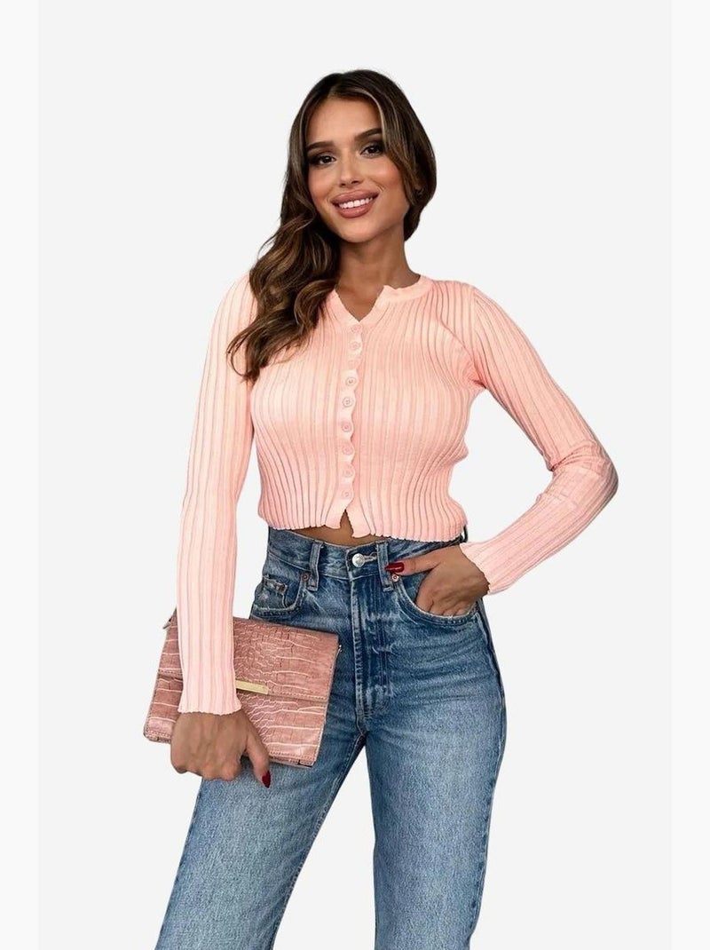 Maglione corto a coste aderente con bottoni my fashion Rosa pallido - Kiabi