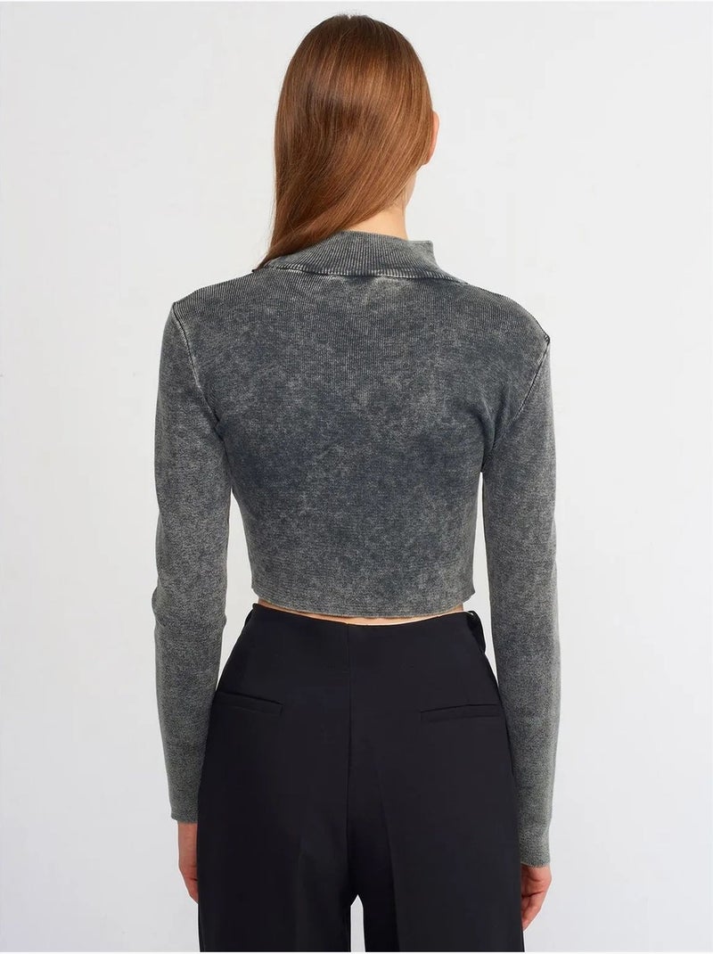Maglione corto a coste da donna con collo alto mezzo dolcevita dilvin Grigio nero - Kiabi