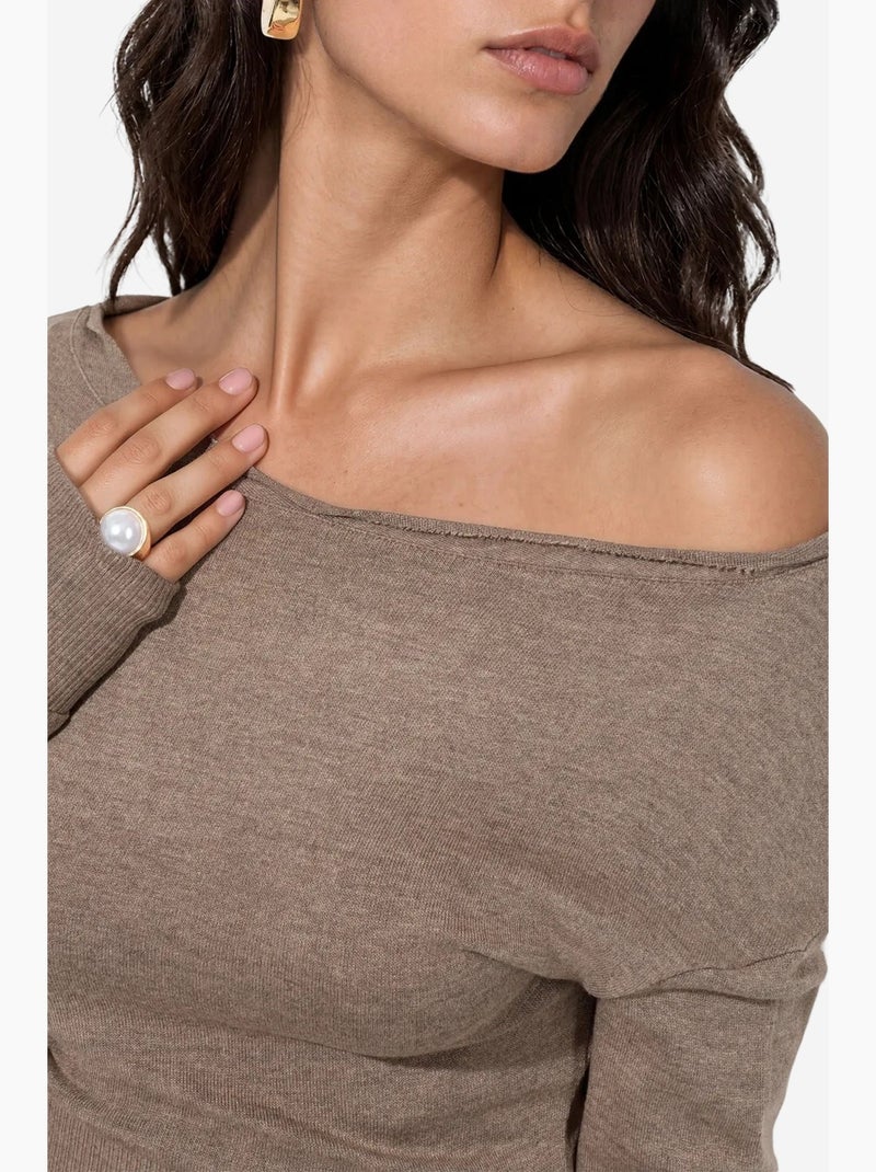 Maglione corto a coste da donna con girocollo busem Cachi - Kiabi