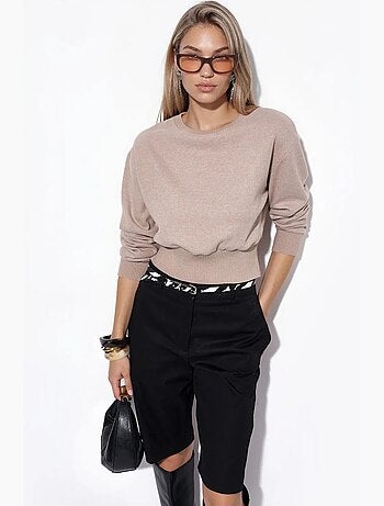 Maglione corto a coste da donna con girocollo busem