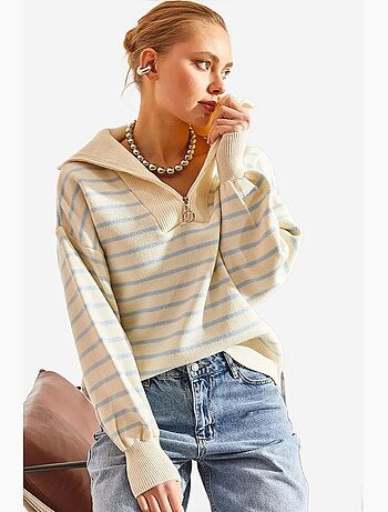 Maglione corto boxy a righe con collo con zip lucci