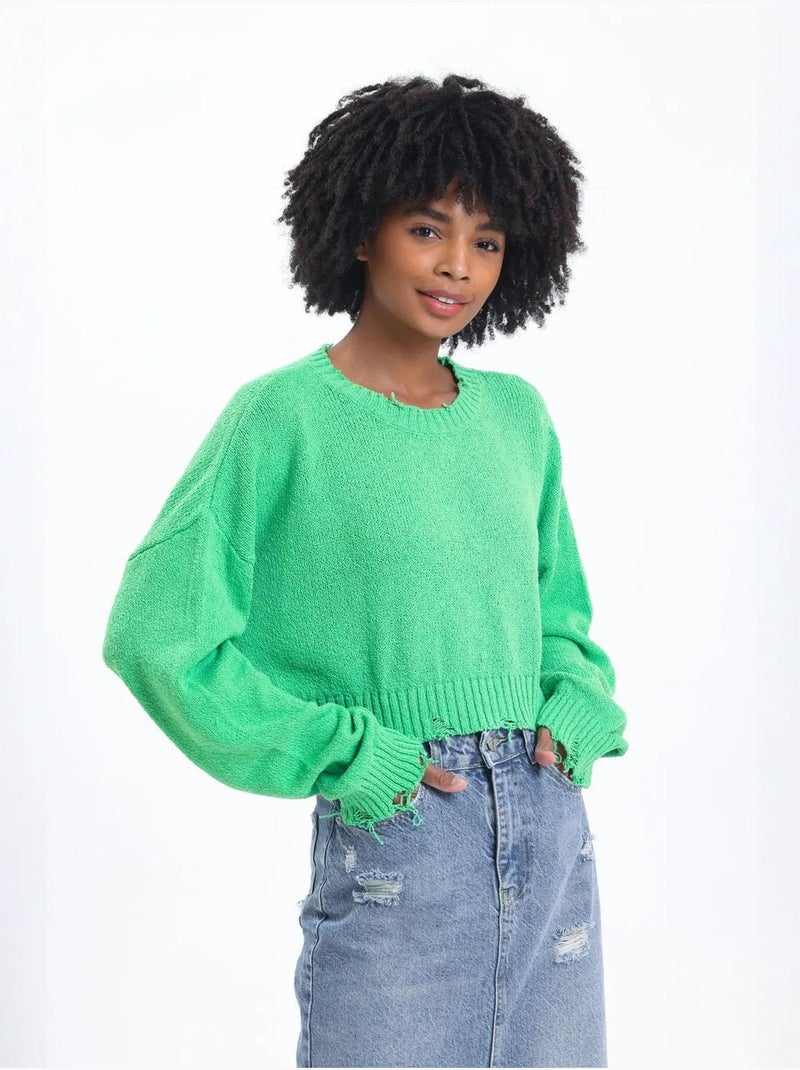 Maglione corto strappato con scollo rotondo Verde - Kiabi