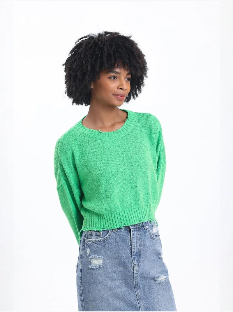 Maglione corto strappato con scollo rotondo Verde - Kiabi