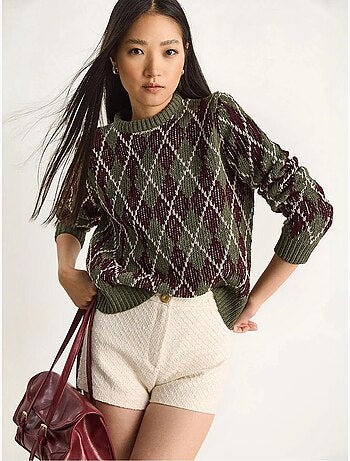 Maglione da donna in maglia con girocollo e motivo a rombi lucci