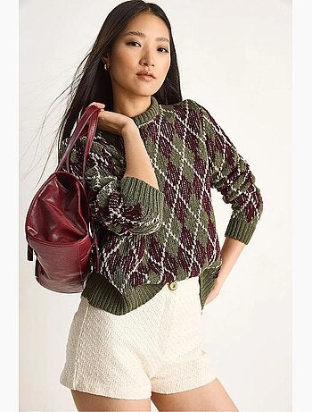 Maglione da donna in maglia con girocollo e motivo a rombi lucci