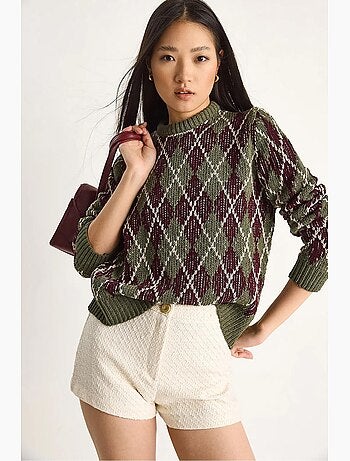 Maglione da donna in maglia con girocollo e motivo a rombi lucci