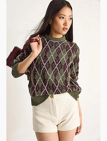Maglione da donna in maglia con girocollo e motivo a rombi lucci