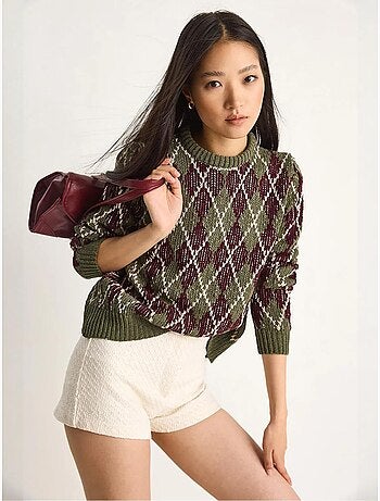 Maglione da donna in maglia con girocollo e motivo a rombi lucci