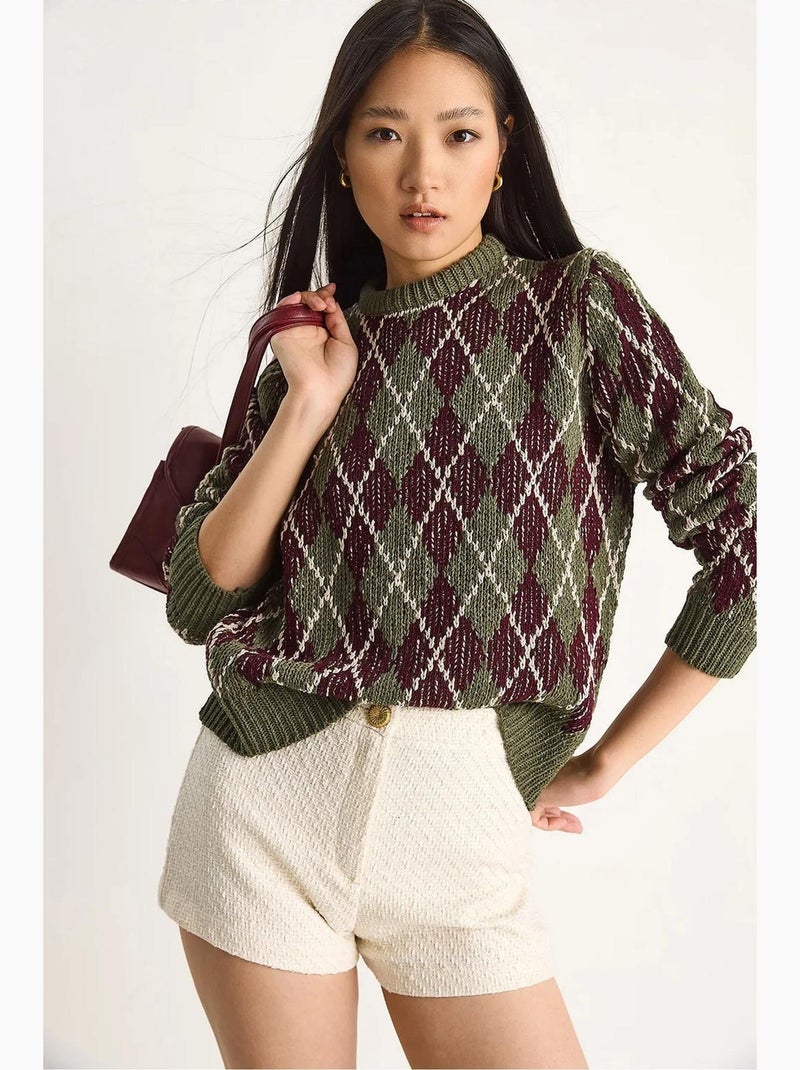 Maglione da donna in maglia con girocollo e motivo a rombi lucci Cachi - Kiabi