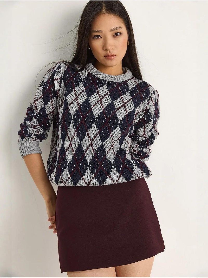 Maglione da donna in maglia con girocollo e motivo a rombi lucci Grigio - Kiabi