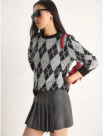 Maglione da donna in maglia con girocollo e motivo a rombi lucci