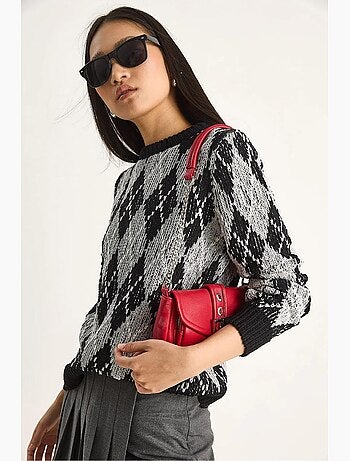Maglione da donna in maglia con girocollo e motivo a rombi lucci