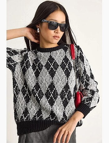 Maglione da donna in maglia con girocollo e motivo a rombi lucci