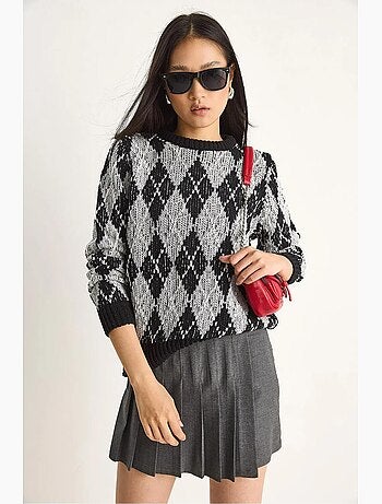 Maglione da donna in maglia con girocollo e motivo a rombi lucci