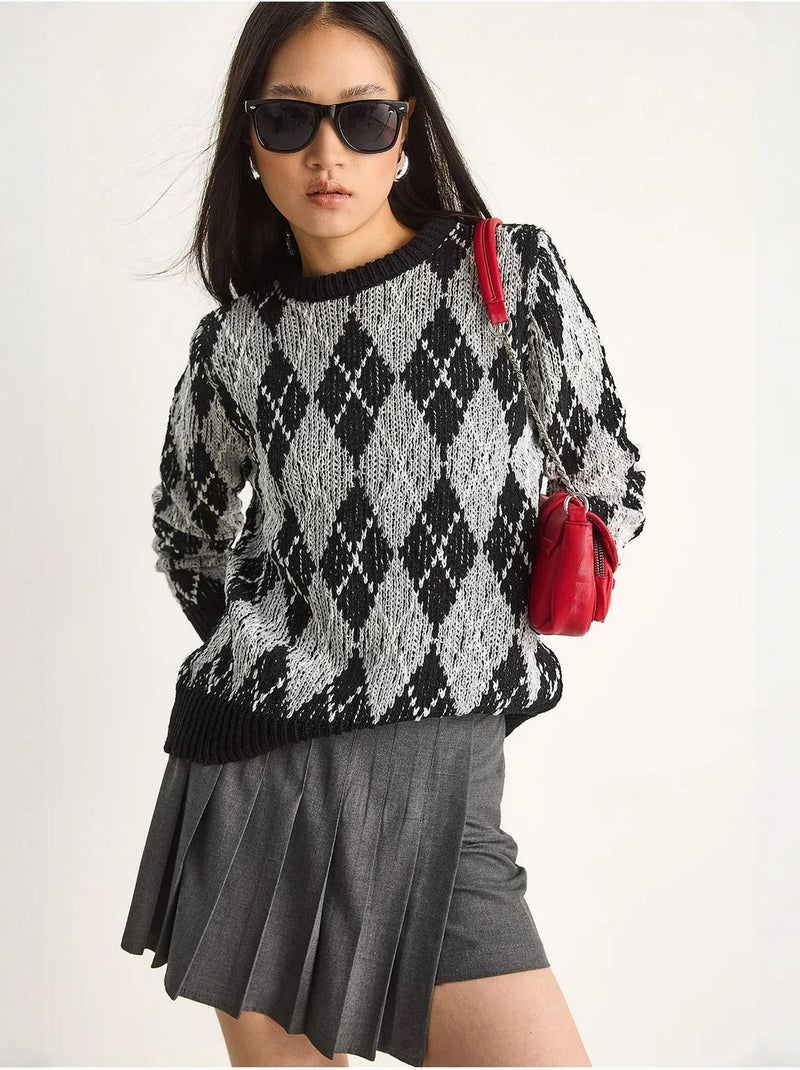 Maglione da donna in maglia con girocollo e motivo a rombi lucci Nero - Kiabi