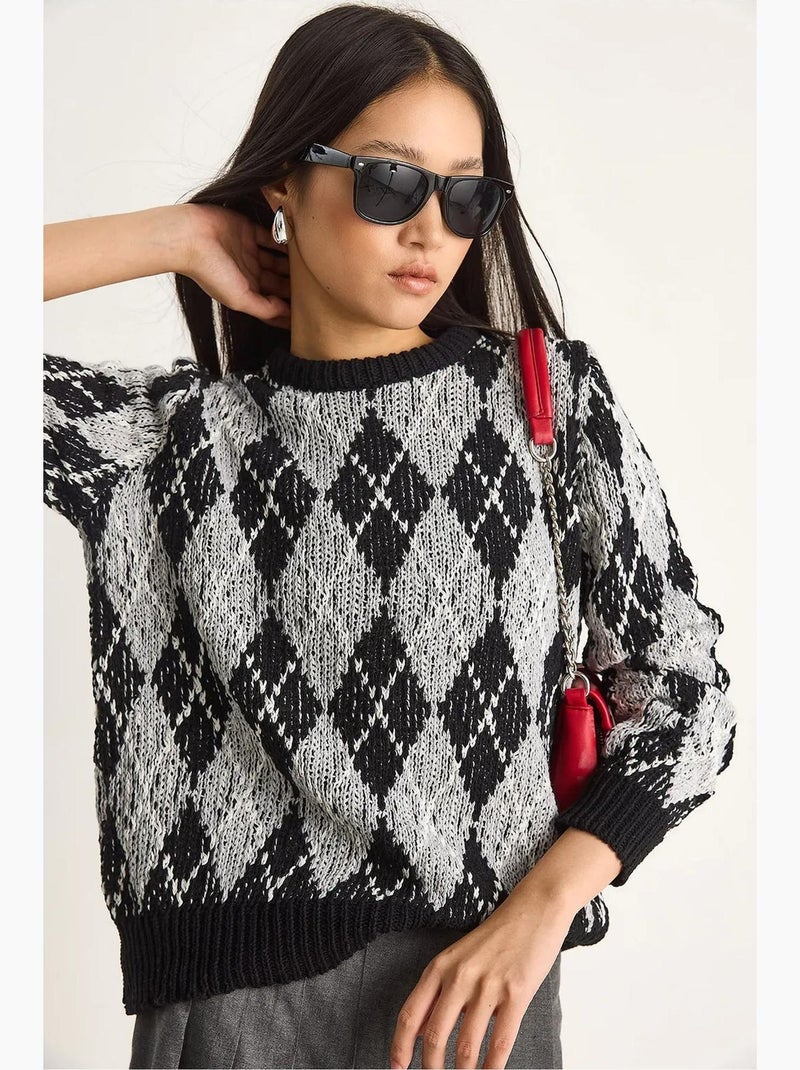 Maglione da donna in maglia con girocollo e motivo a rombi lucci Nero - Kiabi
