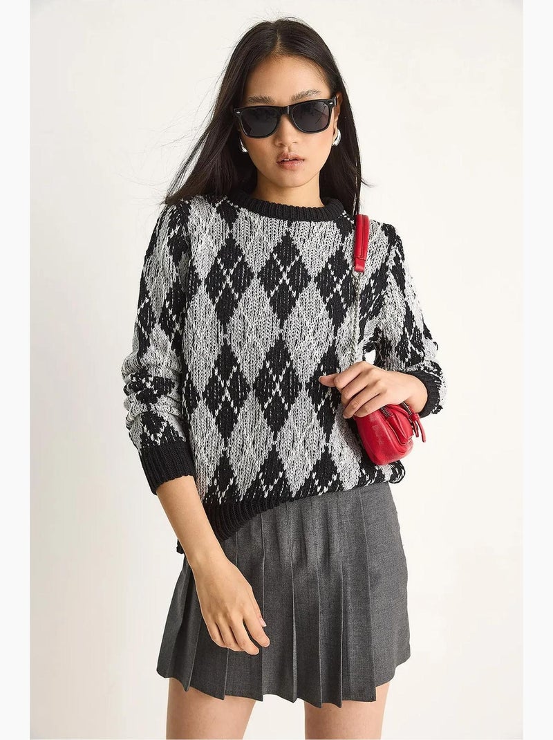 Maglione da donna in maglia con girocollo e motivo a rombi lucci Nero - Kiabi