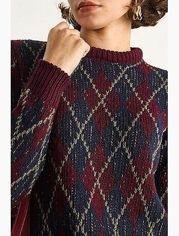 Maglione da donna in maglia con girocollo e motivo a rombi lucci
