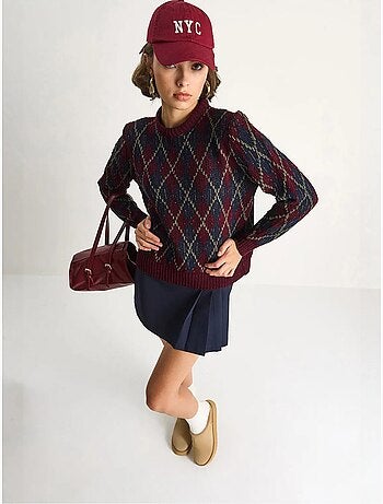 Maglione da donna in maglia con girocollo e motivo a rombi lucci