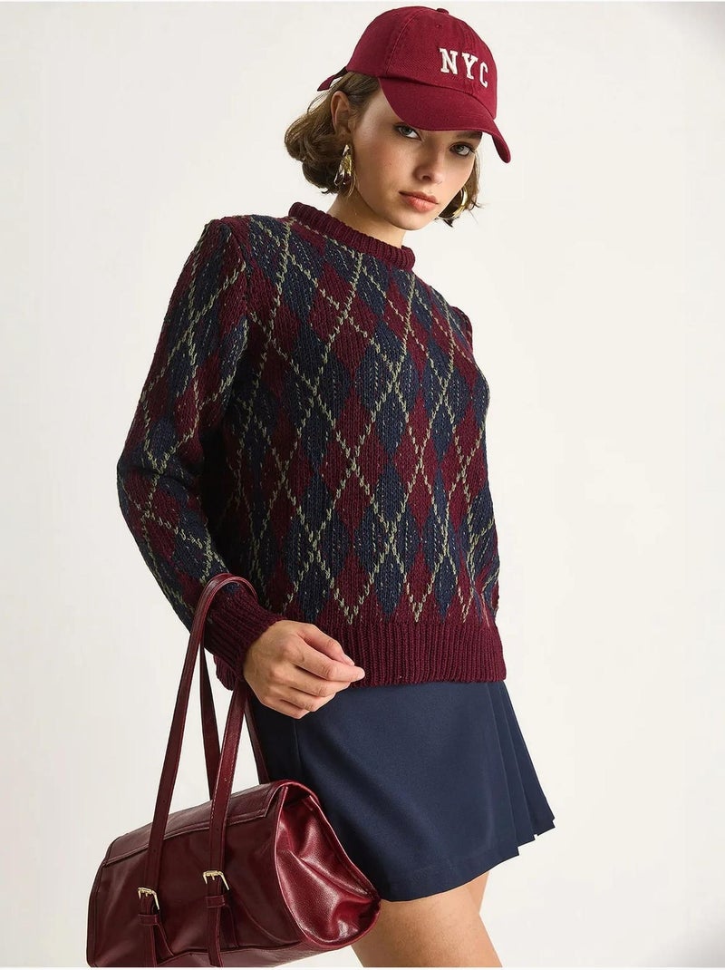 Maglione da donna in maglia con girocollo e motivo a rombi lucci Rosso granata - Kiabi