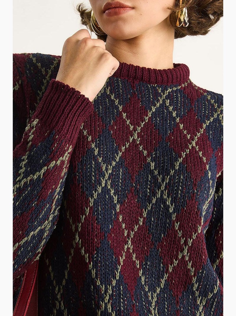 Maglione da donna in maglia con girocollo e motivo a rombi lucci Rosso granata - Kiabi