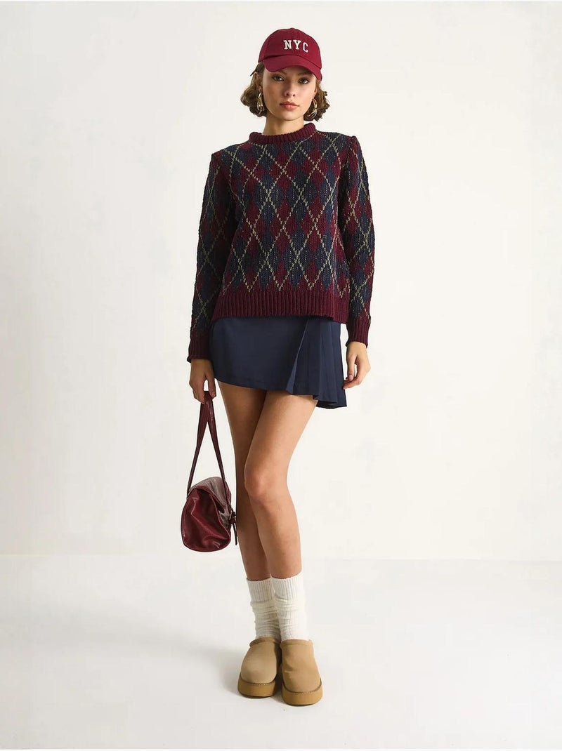 Maglione da donna in maglia con girocollo e motivo a rombi lucci Rosso granata - Kiabi