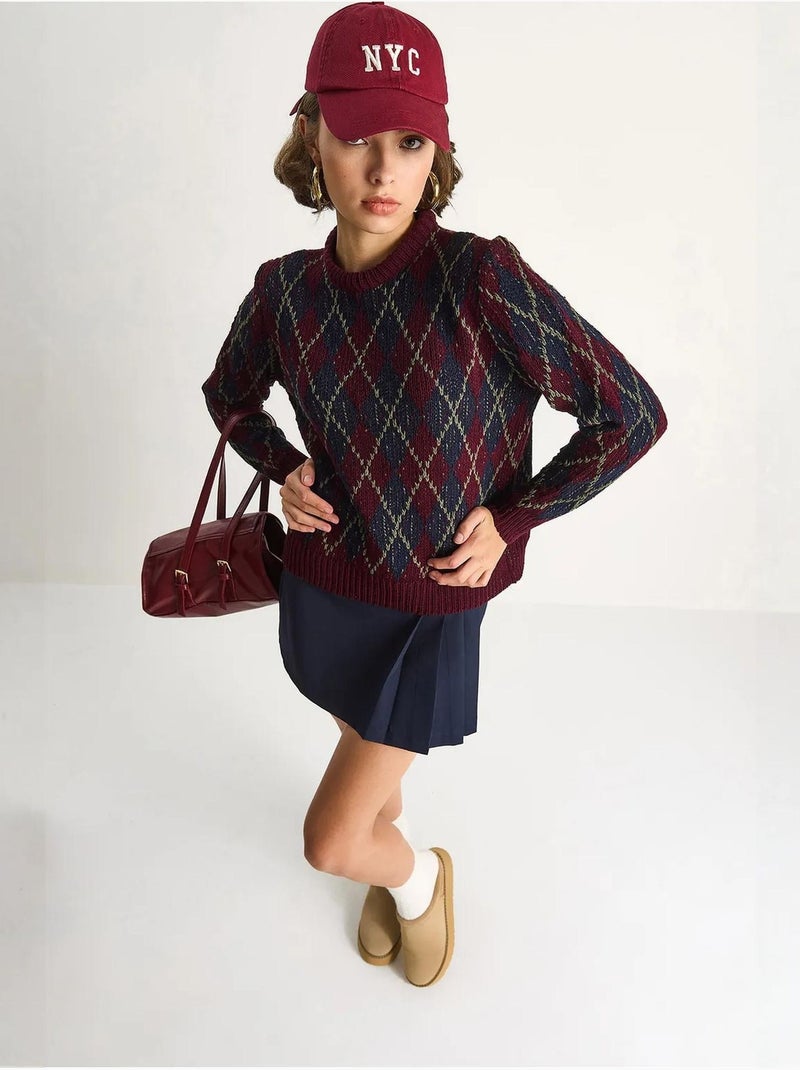 Maglione da donna in maglia con girocollo e motivo a rombi lucci Rosso granata - Kiabi