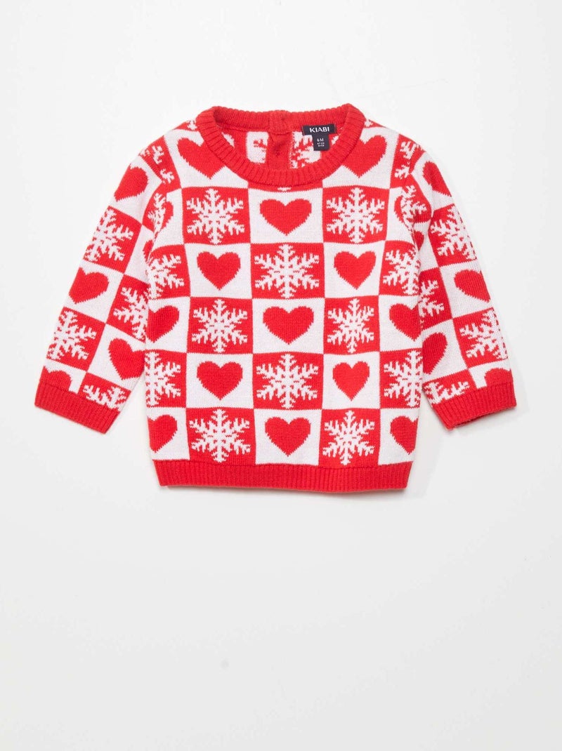 Maglione di Natale con cuori e fiocchi di neve ROSSO - Kiabi
