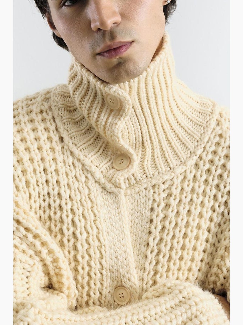 Maglione dolcevita oversize a coste con chiusura a bottoni giesto Avorio - Kiabi