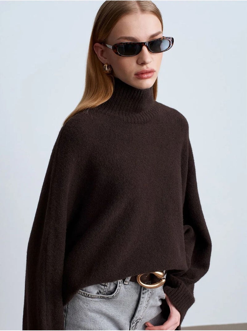 Maglione dolcevita oversize a coste Marrone cioccolato - Kiabi