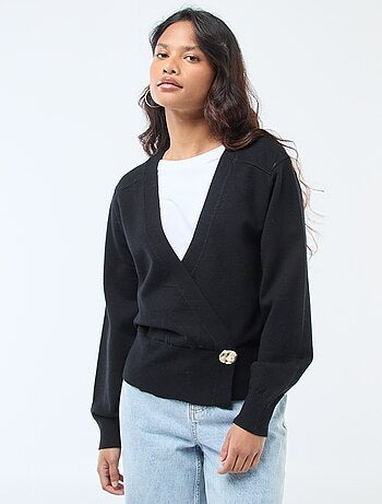 Maglione effetto cardigan incrociato con bottone dorato